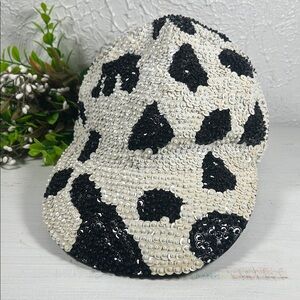 JC Sequin Black and White/ Cream Hat Elastic Back Cowhide or Dalmatian Pattern
